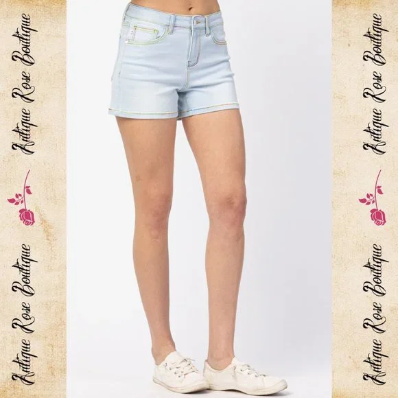 🌹 Judy Blue Rainbow Thread Mid Rise Shorts - Picture 3 of 11
